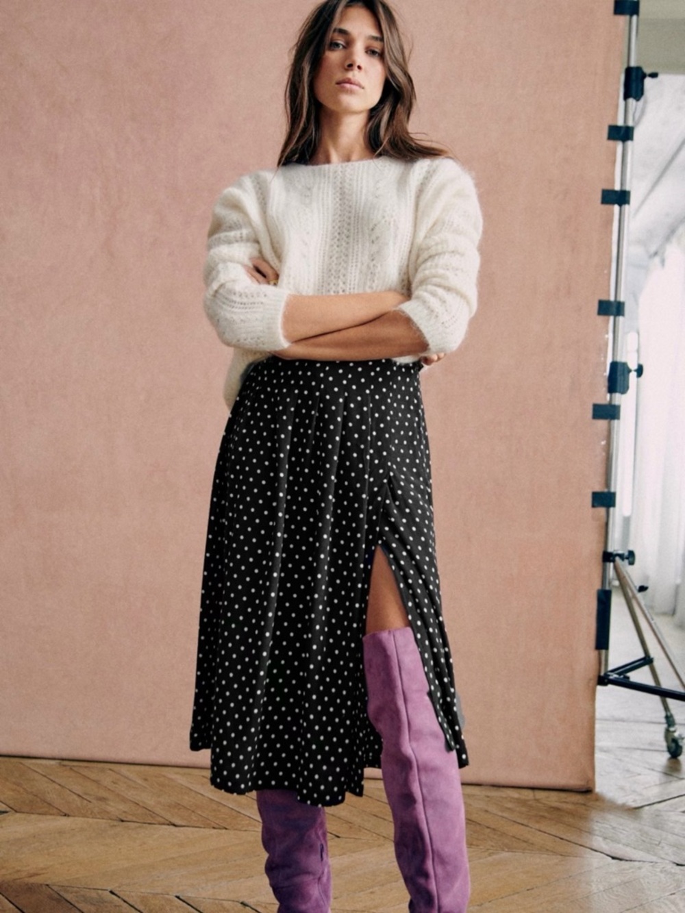 Sezane Alicia Black Polka Dot Midi Skirt with Side Slit s34